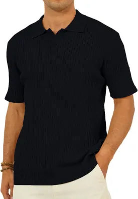 Percle Men's Knit Polo Shirts Casual Golf Polo Short Sleeve Textured V-Neck Summer Vintage Shirts