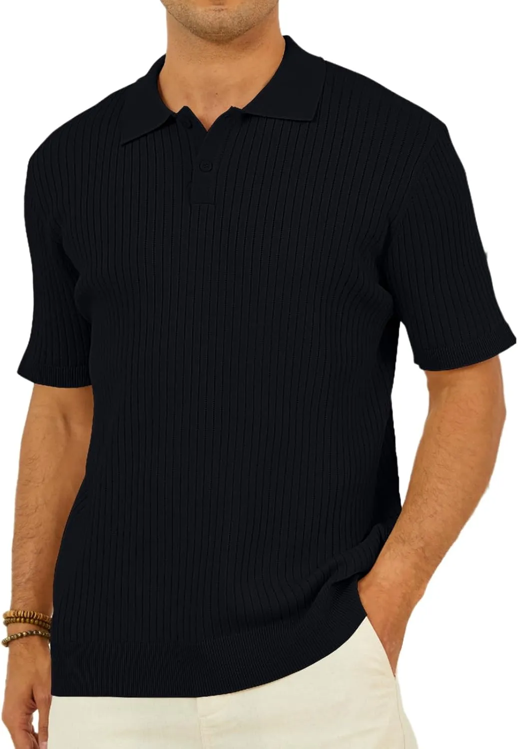Percle Men's Knit Polo Shirts Casual Golf Polo Short Sleeve Textured V-Neck Summer Vintage Shirts