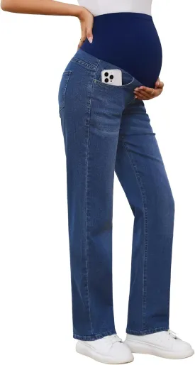 POSHGLAM Women's Maternity Jeans Straight Leg Over Belly Comfy Stretch Denim Pants, S-XXL