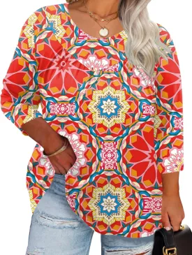TFSDOD Womens Plus Size Tops 3/4 Length Sleeve Blouses Crew Neck Shirts Casual Loose Tunic Tops 1X-5X
