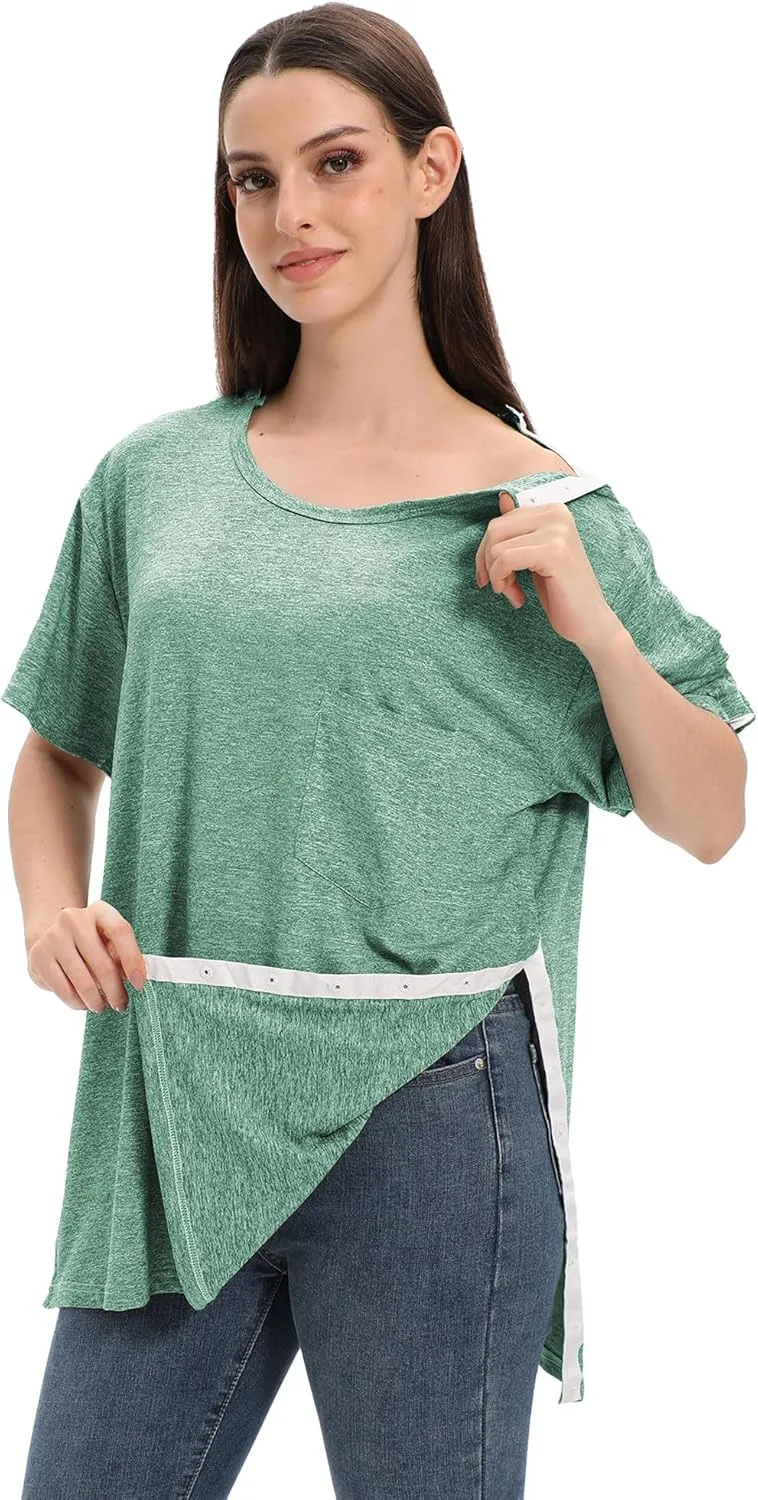 Unisex Post Shoulder Surgery Shirts for Men Rotator Cuff Chest Recovery Shirt Women Full Snap Access Dialysis Chemo Clothing