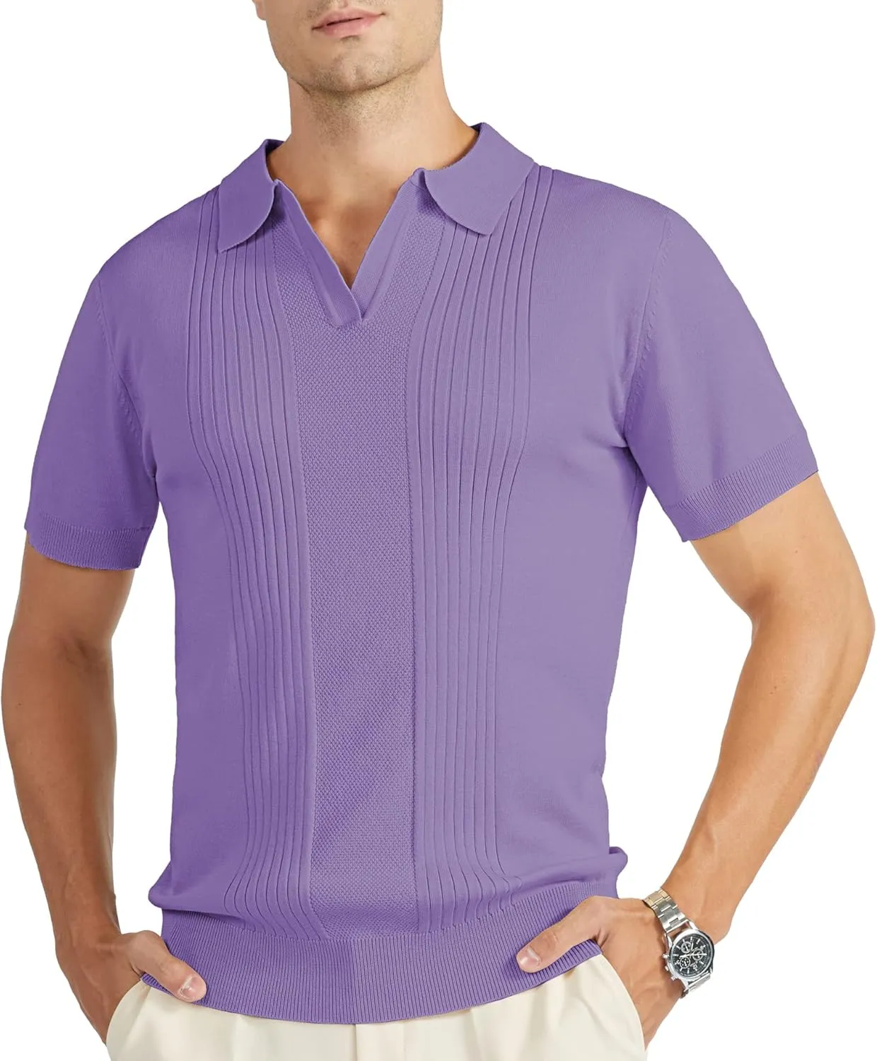 V VALANCH Mens Knit Polo Shirts Short Sleeve Vintage Sweater Polo Summer Casual Shirts Golf Pullover