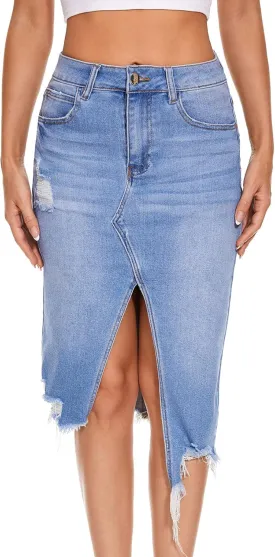 VIPONES Women's High Waist Denim Skirt Casual Raw Hem Frayed Midi Jean Skirts