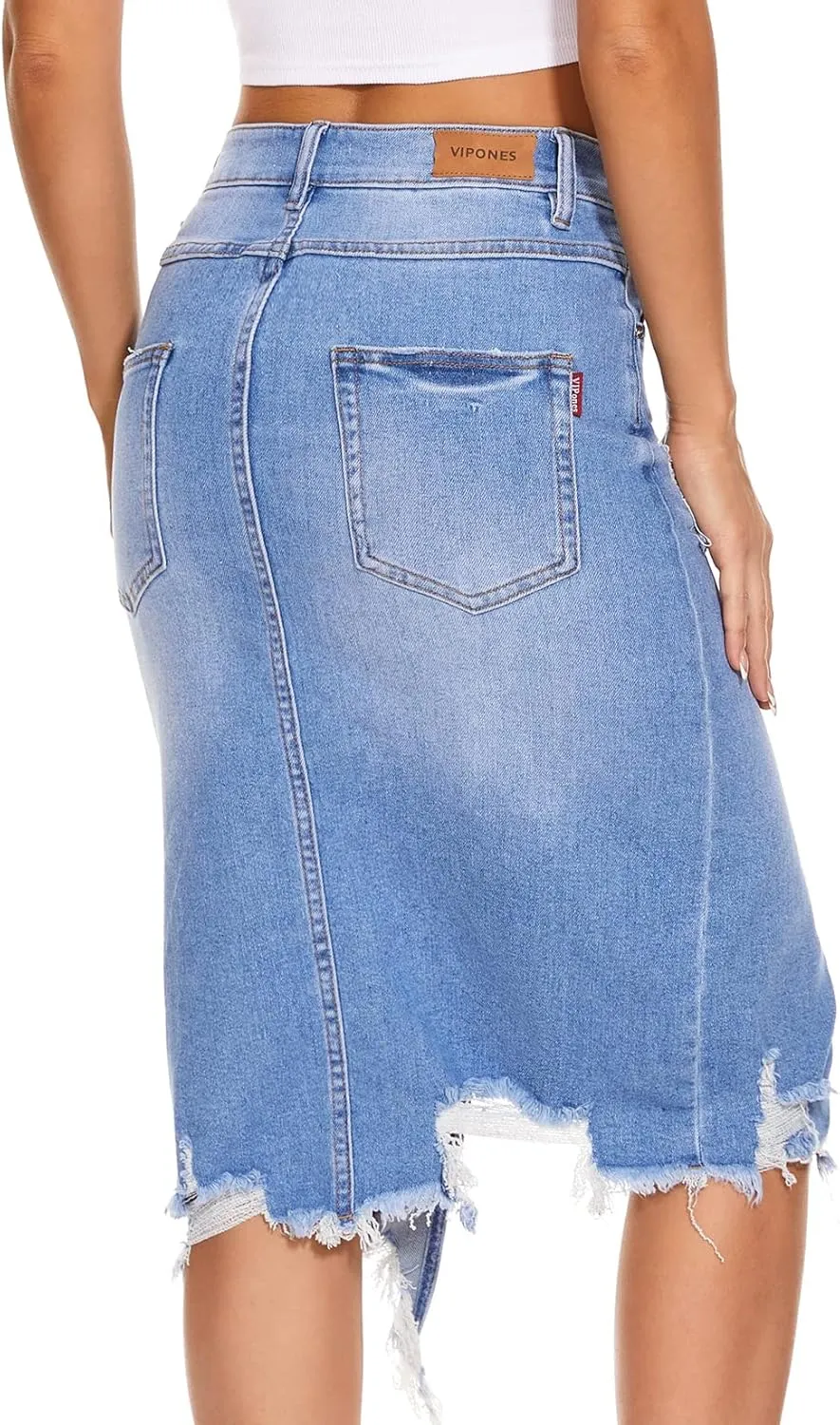VIPONES Women's High Waist Denim Skirt Casual Raw Hem Frayed Midi Jean Skirts