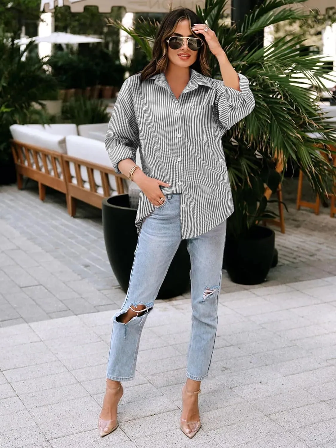 Women's Button Down Shirts Striped Long Sleeve Tops Classic Office Work Blouses with Pocket