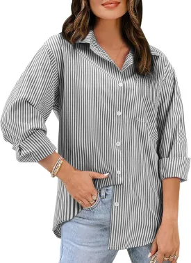 Women's Button Down Shirts Striped Long Sleeve Tops Classic Office Work Blouses with Pocket
