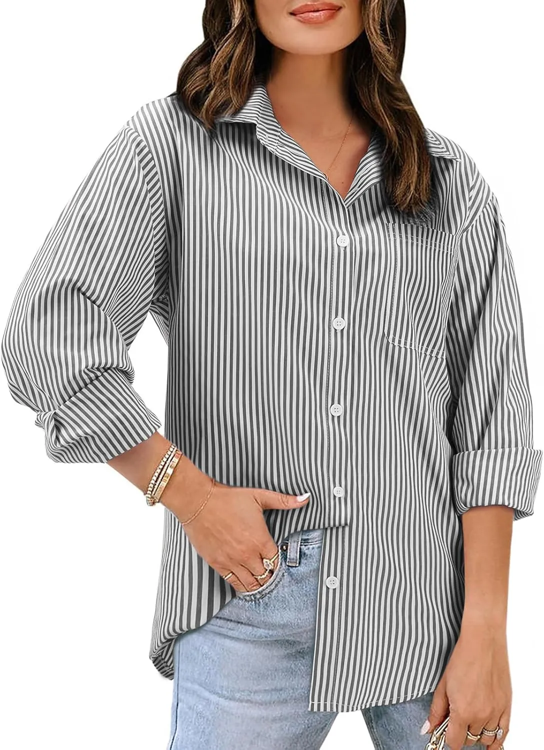Women's Button Down Shirts Striped Long Sleeve Tops Classic Office Work Blouses with Pocket