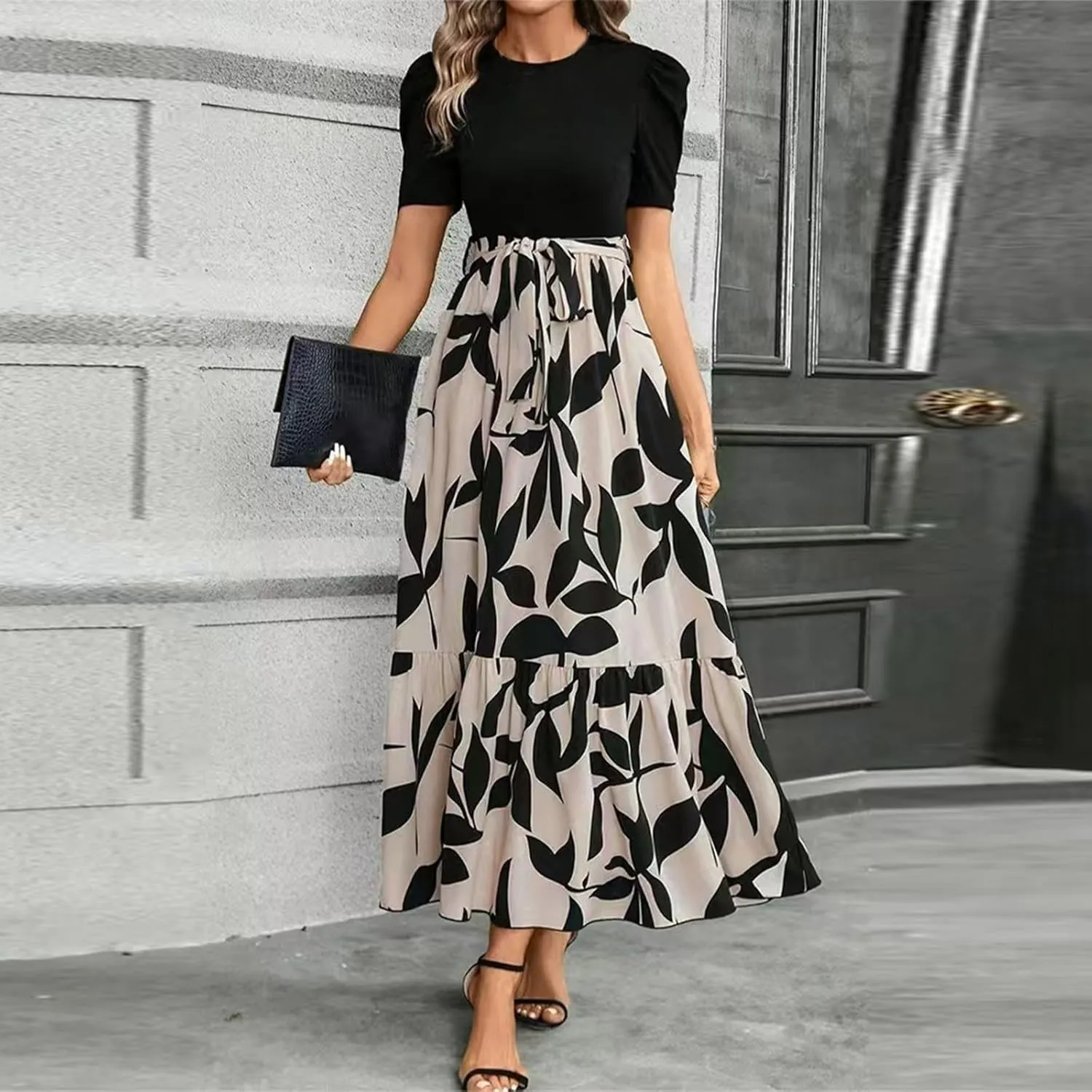 Womens Floral Printed Long Flowy Dresses with Pockets Ruffle Short Sleeve 2025 Dresses Summer Casual Maxi Dress
