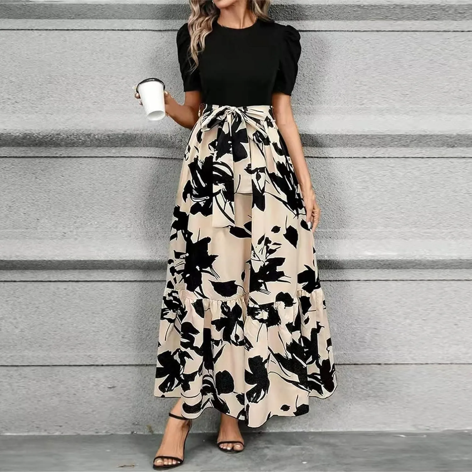 Womens Floral Printed Long Flowy Dresses with Pockets Ruffle Short Sleeve 2025 Dresses Summer Casual Maxi Dress