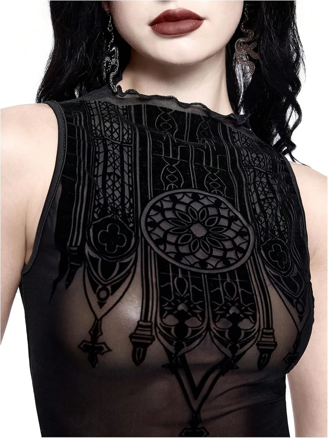 Women's Goth Sheer Mesh Crop Tank Tops Grunge Punk See Through Sleeveless Aesthetic Top