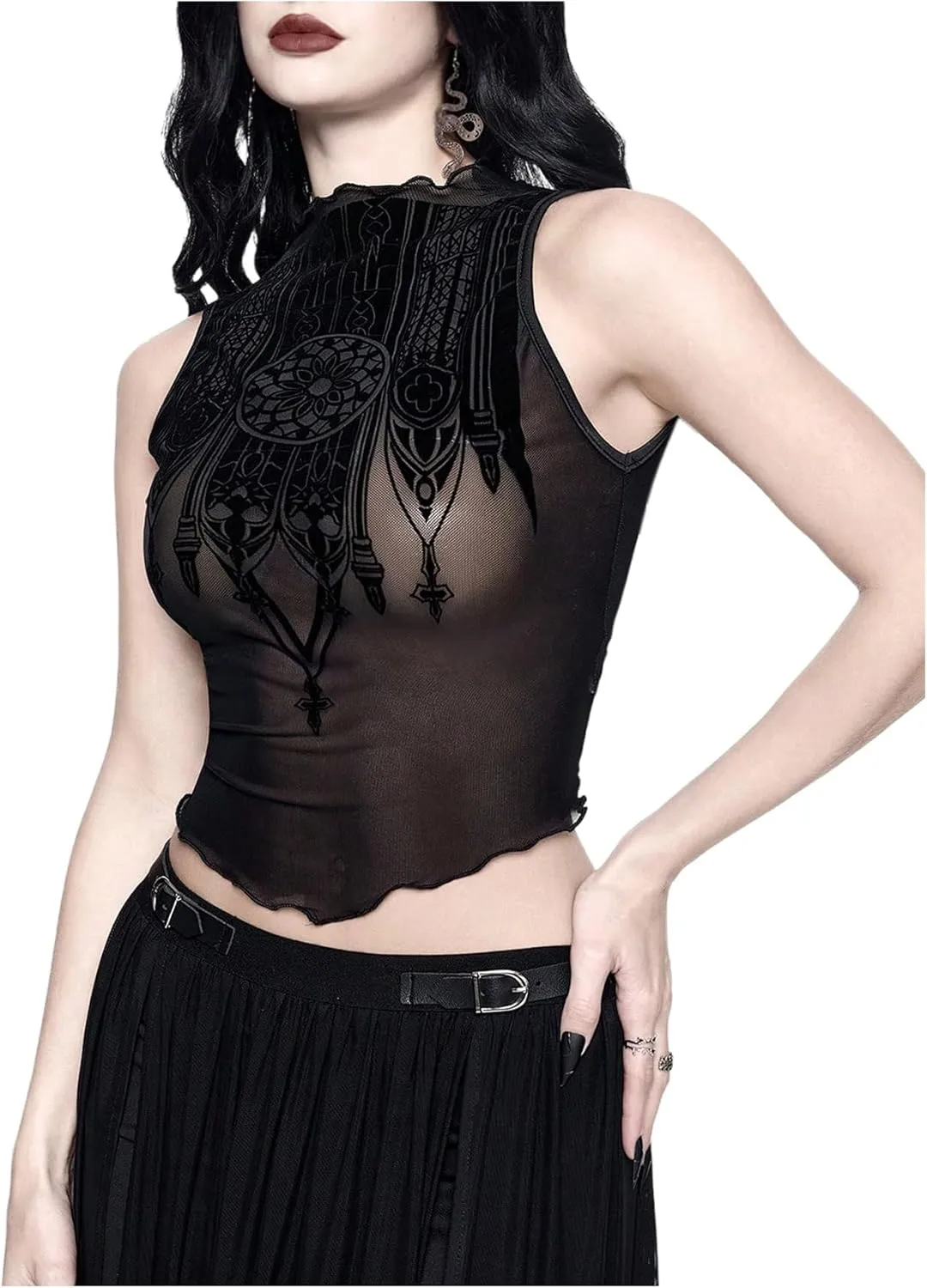 Women's Goth Sheer Mesh Crop Tank Tops Grunge Punk See Through Sleeveless Aesthetic Top