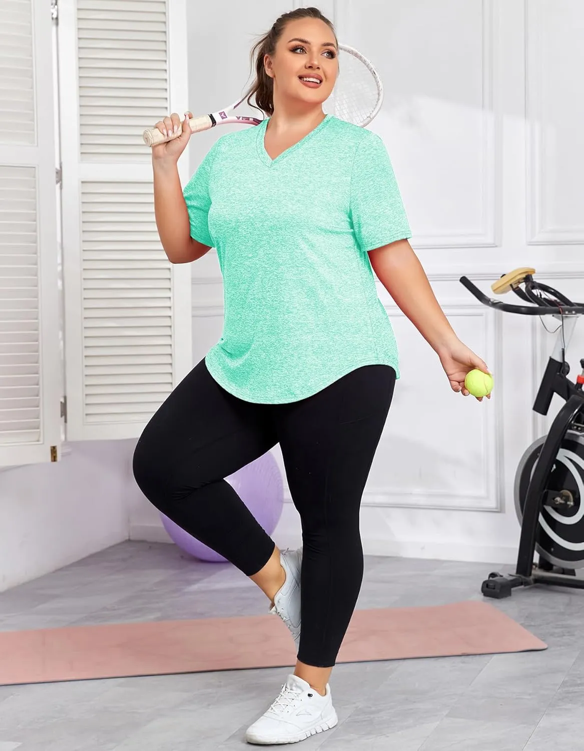 Women's Plus Size Workout Tops V Neck T Shirts Loose Fit Yoga Clothing Summer Sport Tee XL - 5XL
