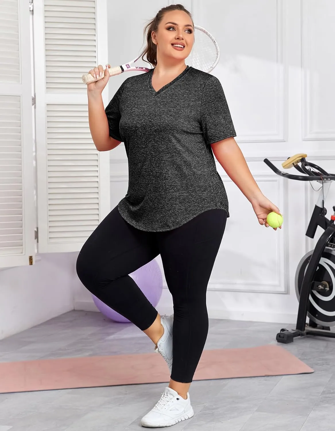 Women's Plus Size Workout Tops V Neck T Shirts Loose Fit Yoga Clothing Summer Sport Tee XL - 5XL