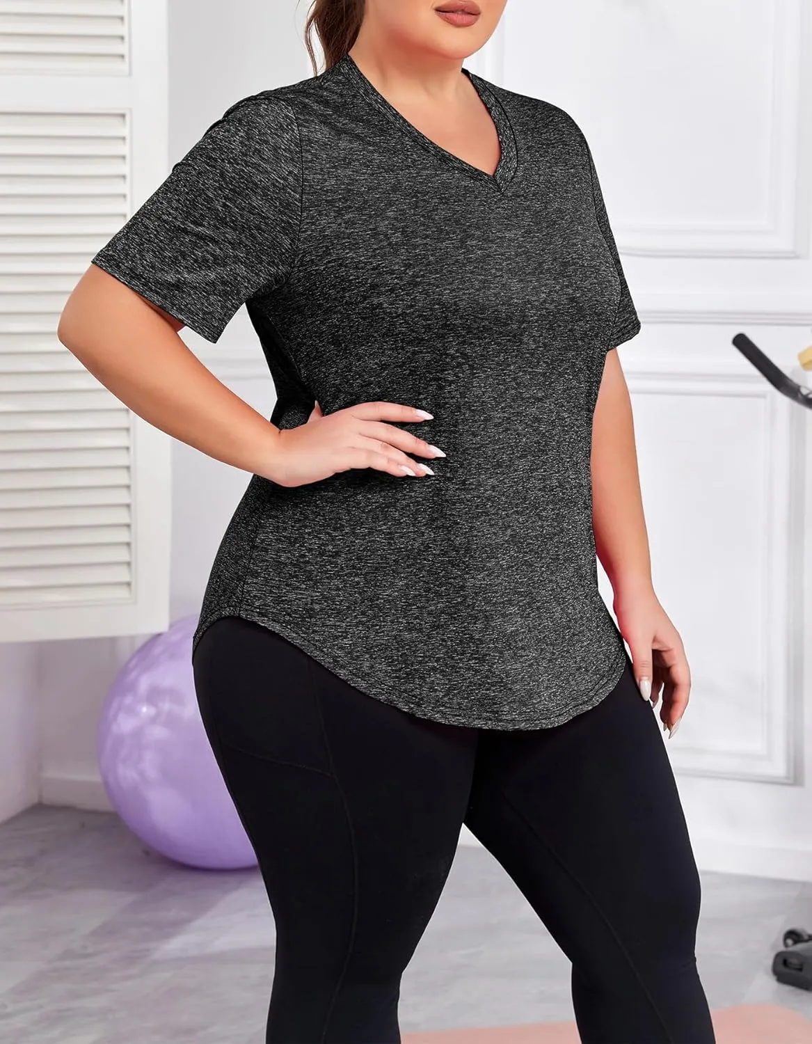 Women's Plus Size Workout Tops V Neck T Shirts Loose Fit Yoga Clothing Summer Sport Tee XL - 5XL
