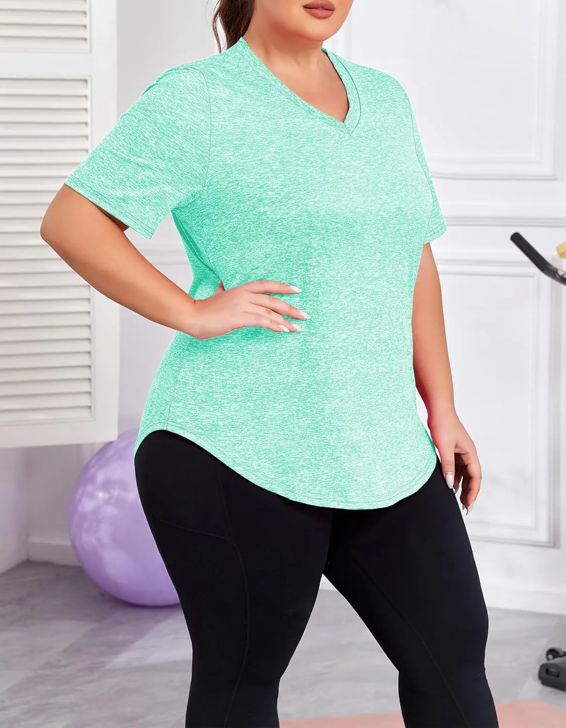 Women's Plus Size Workout Tops V Neck T Shirts Loose Fit Yoga Clothing Summer Sport Tee XL - 5XL