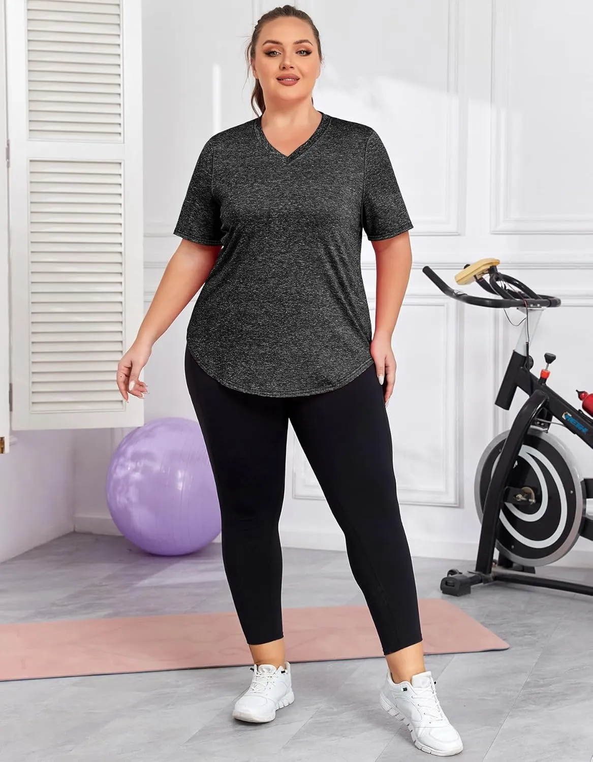 Women's Plus Size Workout Tops V Neck T Shirts Loose Fit Yoga Clothing Summer Sport Tee XL - 5XL