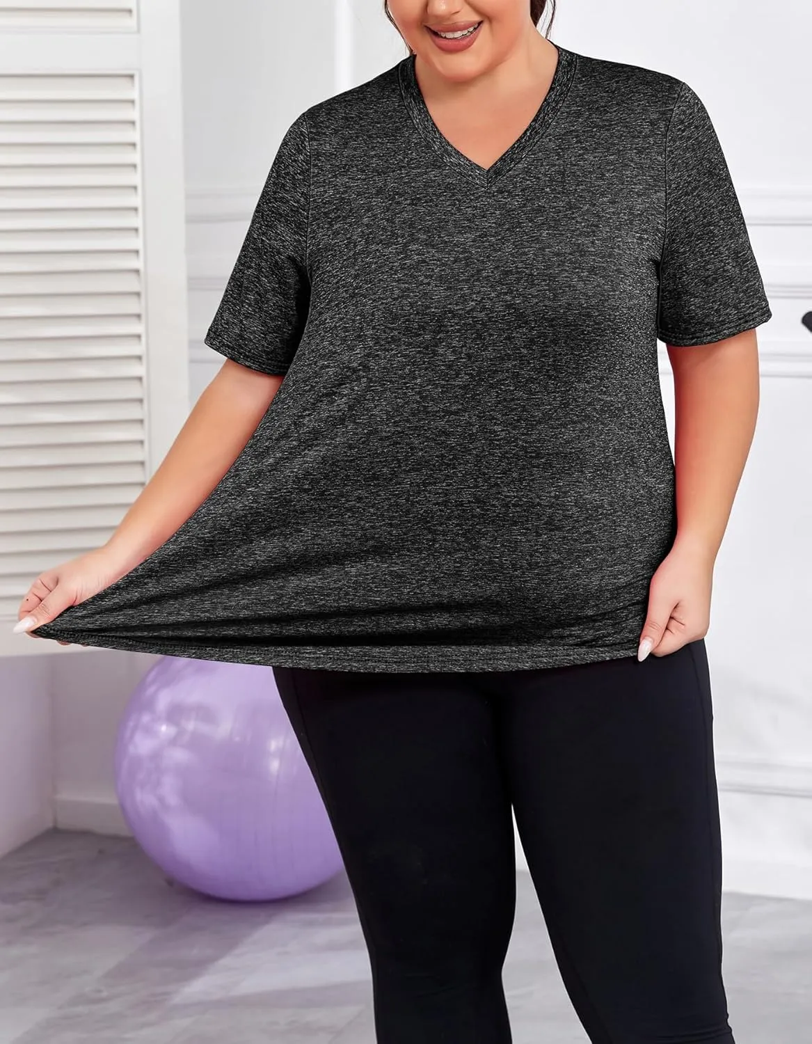 Women's Plus Size Workout Tops V Neck T Shirts Loose Fit Yoga Clothing Summer Sport Tee XL - 5XL