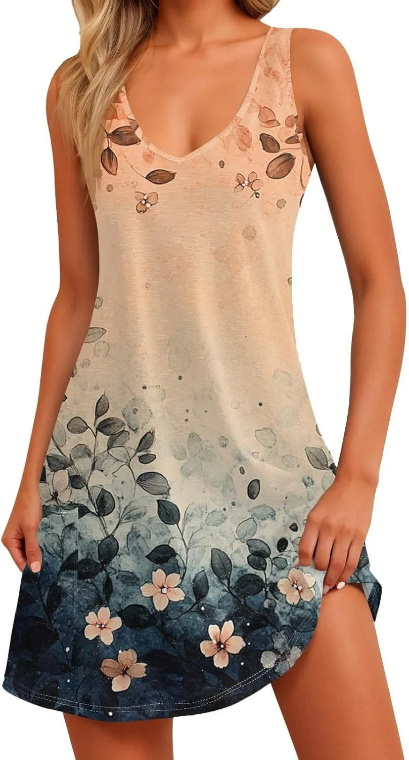 Womens Summer Dresses 2025 Vacation Dress with Pocket Printed V Neck Swimsuit Coverup Casual Sleeveless Sundress