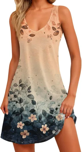 Womens Summer Dresses 2025 Vacation Dress with Pocket Printed V Neck Swimsuit Coverup Casual Sleeveless Sundress