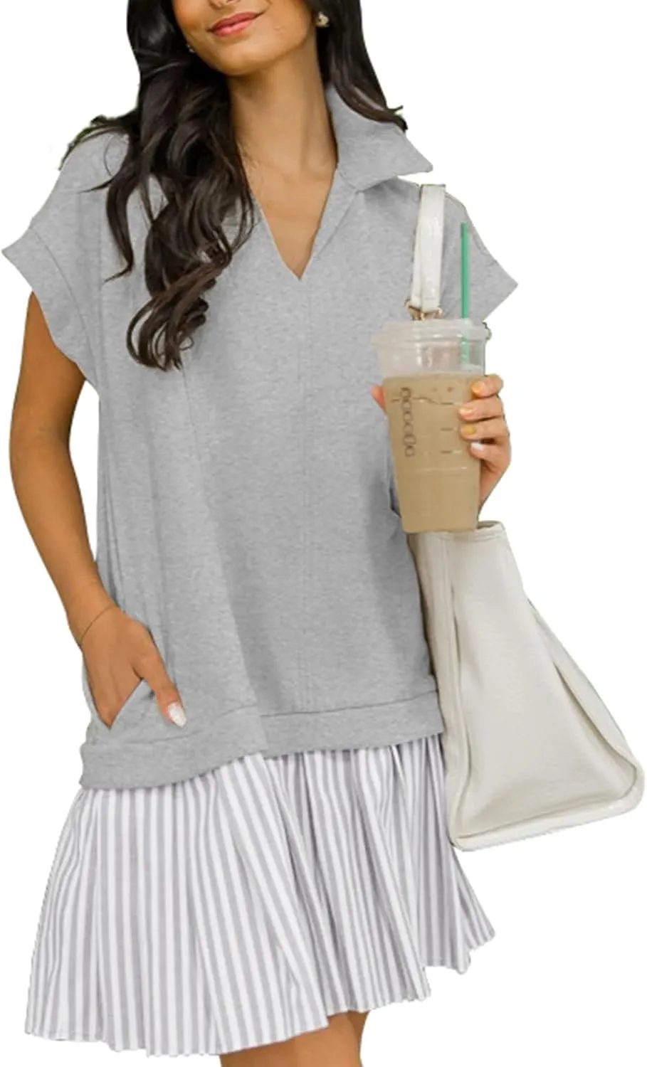Women's V Neck Short Sleeve Summer Dress Patchwork Cap Sleeve Casual Loose Fit Pleated Striped Shirt Dress with Pockets