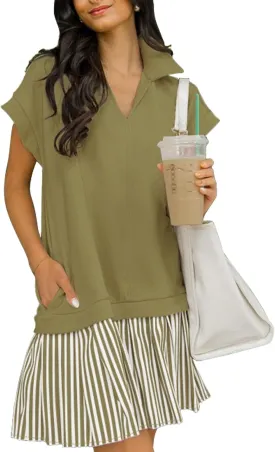 Women's V Neck Short Sleeve Summer Dress Patchwork Cap Sleeve Casual Loose Fit Pleated Striped Shirt Dress with Pockets