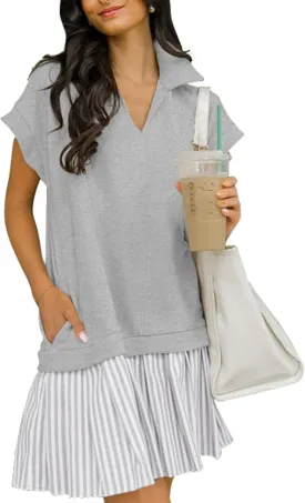Women's V Neck Short Sleeve Summer Dress Patchwork Cap Sleeve Casual Loose Fit Pleated Striped Shirt Dress with Pockets