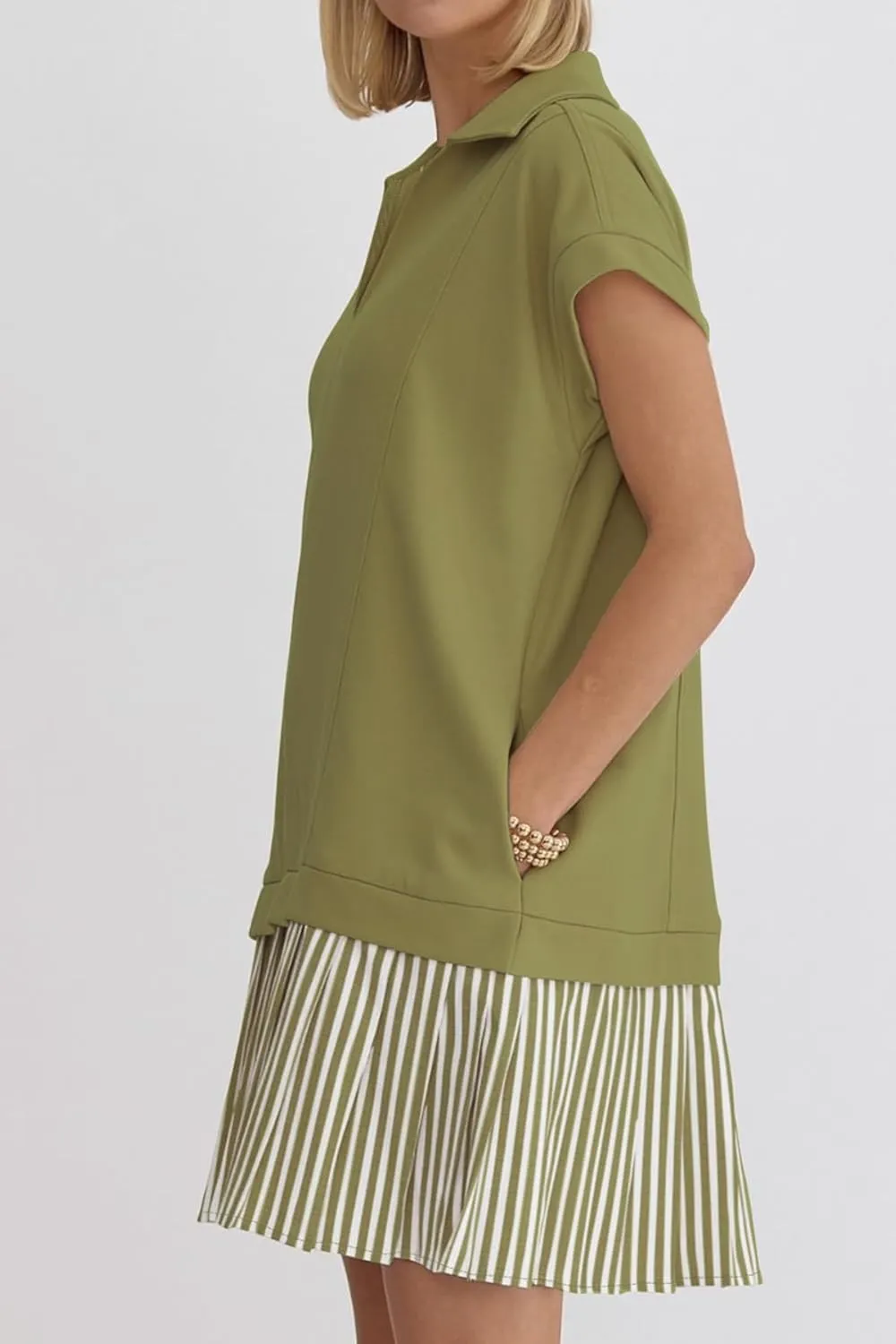 Women's V Neck Short Sleeve Summer Dress Patchwork Cap Sleeve Casual Loose Fit Pleated Striped Shirt Dress with Pockets