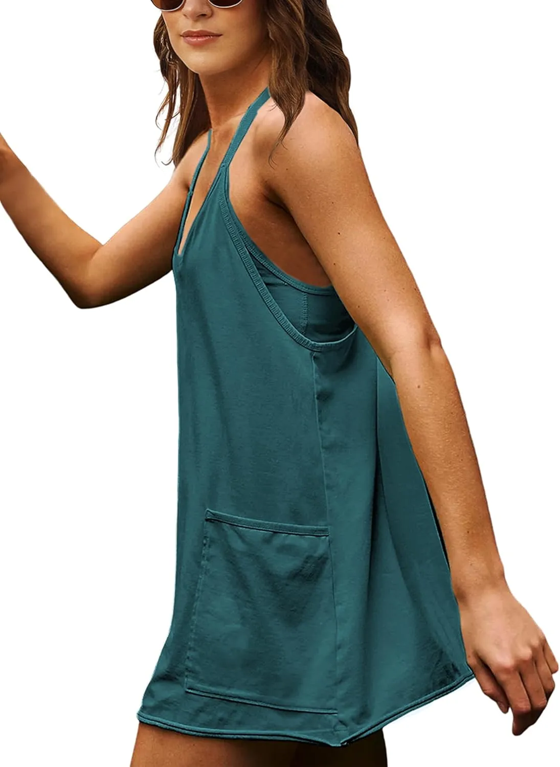 Zhiyouni Women's Summer Sleeveless Mini Dress V Neck Spaghetti Straps Athletic Built-in Shorts Sundress